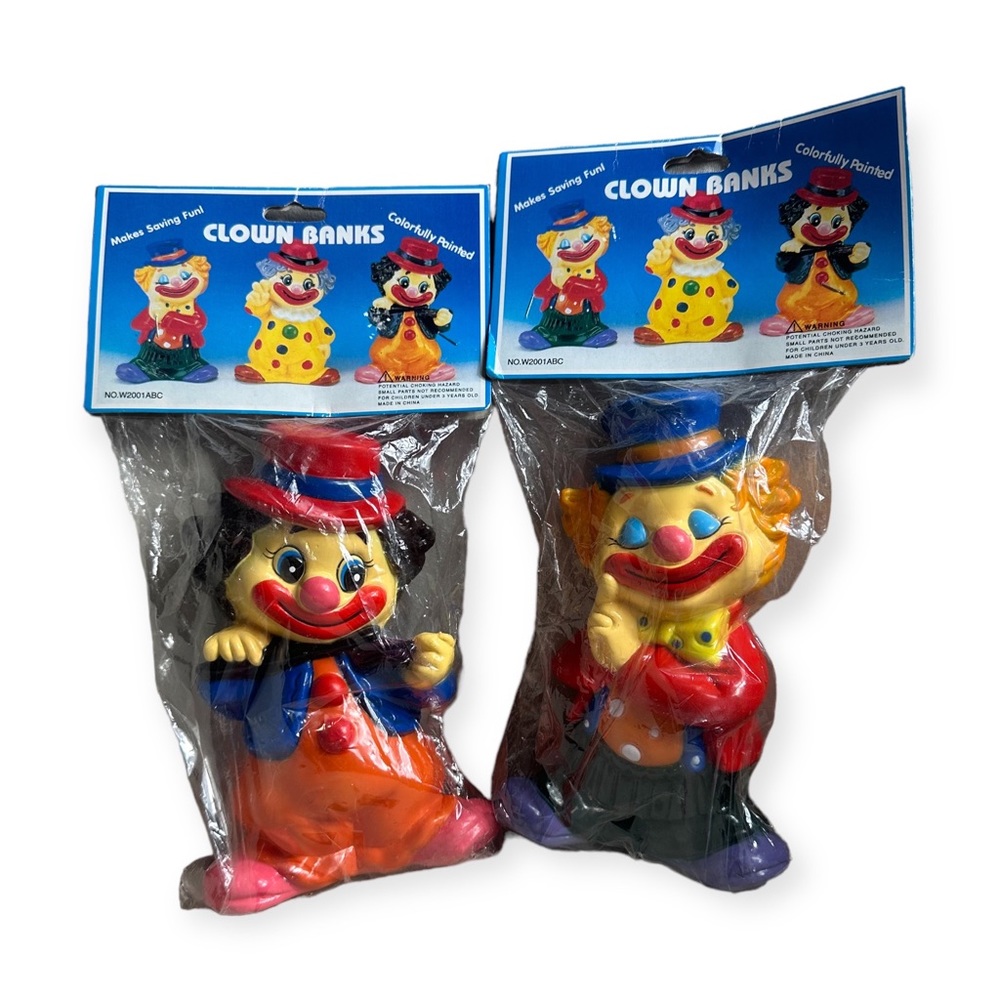Vintage New In Package Set Of Two Plastic Clown Piggy Banks Clown Tirelire